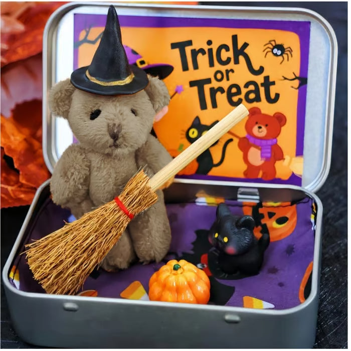 🎃🧸Cute Halloween Teddy Bear in a Box with wizard hat, Broom, Pumpkin & Cat🌟👻 2