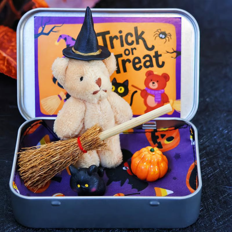 🎃🧸Cute Halloween Teddy Bear in a Box with wizard hat, Broom, Pumpkin & Cat🌟👻 2