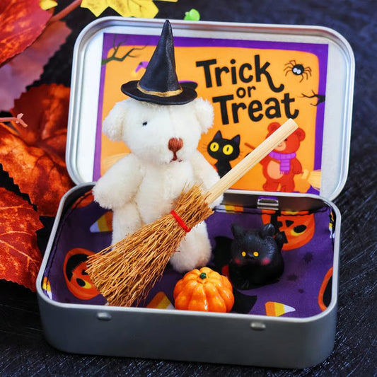 🎃🧸Cute Halloween Teddy Bear in a Box with wizard hat, Broom, Pumpkin & Cat🌟👻
